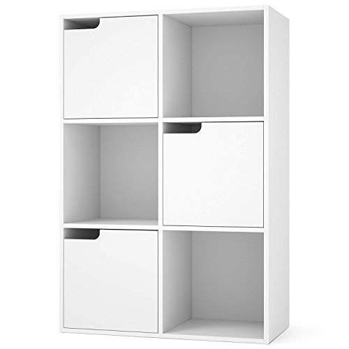 Homfa Estantería Librería Estantería para Libros Estantería Almacenaje de Pared de 6 Cubos 3 Puertas Blanco 60x29x90cm