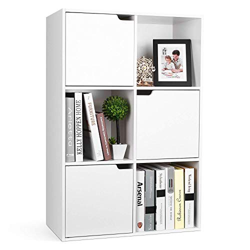 Homfa Estantería Librería Estantería para Libros Estantería Almacenaje de Pared de 6 Cubos 3 Puertas Blanco 60x29x90cm