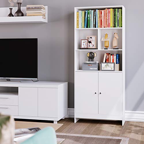 Homfa Estantería Libros Librería Pared Armario Almacenaje para Salón Dormitorio Estudio Oficina con 2 Puertas 4 Compartimentos Blanca 70x29.5x167cm