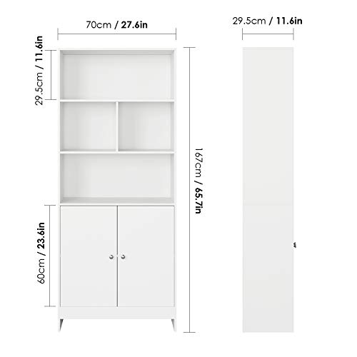 Homfa Estantería Libros Librería Pared Armario Almacenaje para Salón Dormitorio Estudio Oficina con 2 Puertas 4 Compartimentos Blanca 70x29.5x167cm