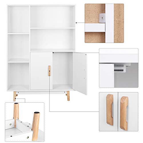 Homfa Estanteria Madera Librería del Salón Mueble Auxiliar Almacenaje para Salón Dormitorio Oficina Entrada con 2 Puertas 5 Compartimentos 4 Patas Blanco 80x23.5x119m