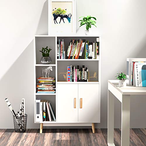 Homfa Estanteria Madera Librería del Salón Mueble Auxiliar Almacenaje para Salón Dormitorio Oficina Entrada con 2 Puertas 5 Compartimentos 4 Patas Blanco 80x23.5x119m