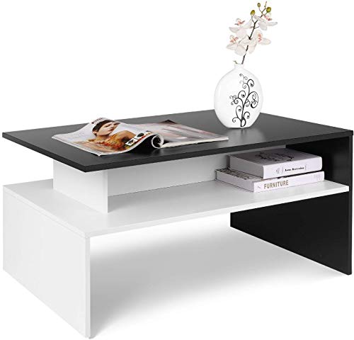 Homfa Mesa Centro Salón Mesa de Café Mesa Madera Mesa Auxiliar con 2 Estantes Blanco y Negro 90x50x43cm