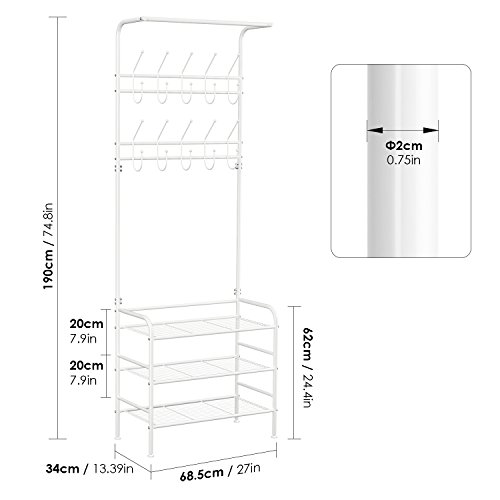 Homfa Perchero de Pie Perchero con Zapatero Perchero Metálico para Zapatos Ropas Perchero con 3 Estantes 10 Ganchos Blanco 68.5x34x190 cm