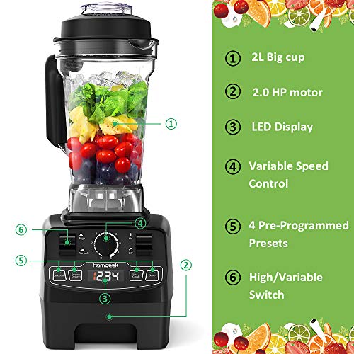 homgeek Batidora de Vaso, Licuadora Profesional 2000W, Batidora Smoothie con 4 Programas Preestablecidos, 8 Velocidades Ajustables y Jarra Tritan 2 litros, 33.000 U/min, sin BPA