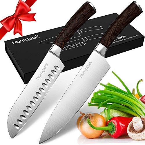 homgeek Cuchillo de Cocina Profesionales, Incluye Cuchillo Cocinero 7" and Cuchillo Santoku 8", Hecho de Acero Inoxidable 1.4116 Alemán, Mango Ergonómico