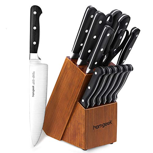 homgeek Cuchillos de Cocina 15 Piezas, Juego de Cuchillos Profesional Hecho de Acero Alemán X50Cr15, Incluye Bloque de Madera, Afilador de Cuchillos, Tijeras