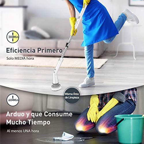 Homitt spin Scrubber eléctrico con 4 Cabezales de Cepillo y Barra de extensión,para la Limpieza de baños y Azulejos, Blanco, Upgrade +++ (Blanco)