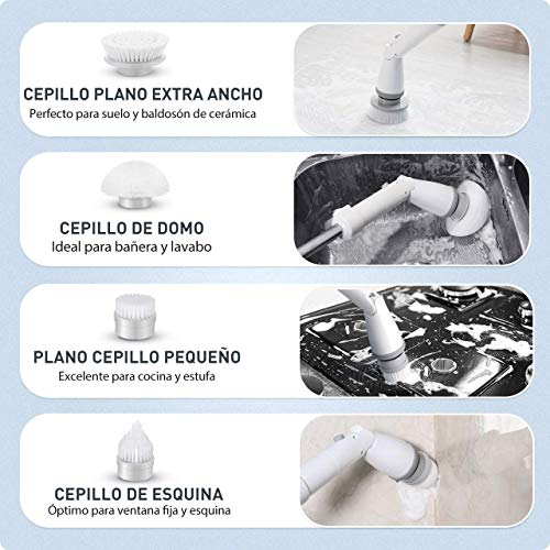 Homitt spin Scrubber eléctrico con 4 Cabezales de Cepillo y Barra de extensión,para la Limpieza de baños y Azulejos, Blanco, Upgrade +++ (Blanco)