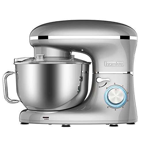 Homlee 1500W Batidora Amasadora, Amasadora de Pan Bajo Ruido,Robot de Cocina Multifuncional,6 Velocidades,5.5L,Gris