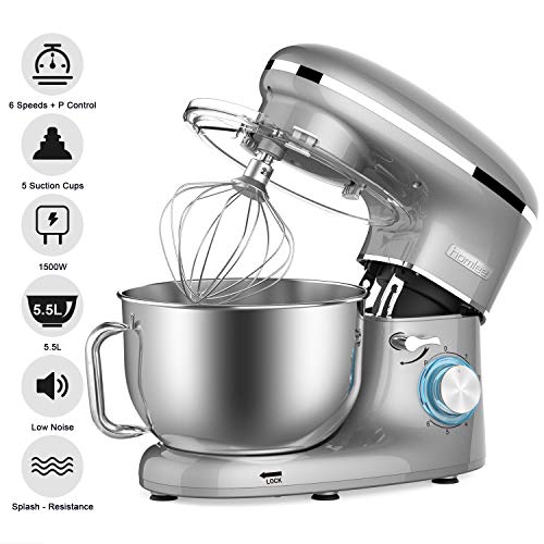 Homlee 1500W Batidora Amasadora, Amasadora de Pan Bajo Ruido,Robot de Cocina Multifuncional,6 Velocidades,5.5L,Gris