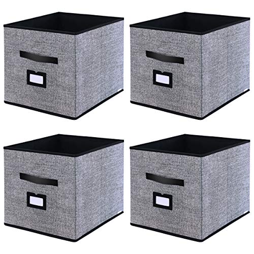 homyfort Caja de Almacenaje Set de 4 Cajas de Juguetes, Caja de Tela para Almacenaje con Cuero maneja y Etiqueta, 33 x 38 x 33 cm, Negro Lino, XABXL04PLP