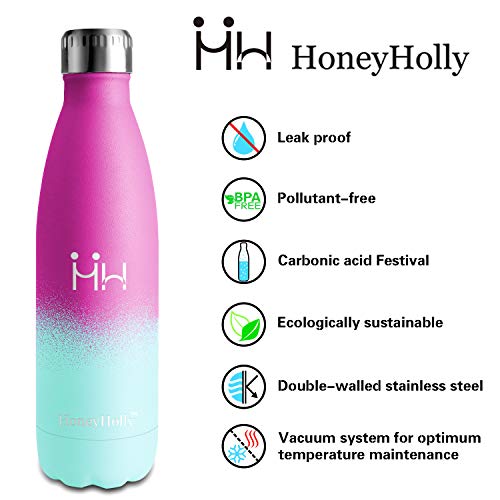 HoneyHolly Botella de Agua Acero Inoxidable 350/500/650/750ml, Aislamiento de Vacío de Doble Pared, Botellas de Frío/Caliente, sin bpa Botella Reutilizable para niños Sport Gimnasio Trekking Bicicleta