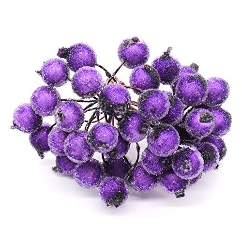 HongFüFü - Corona de frutas heladas (80 unidades), diseño de flores artificiales de acebo para decoración de Navidad, decoración de manualidades, color morado y rojo