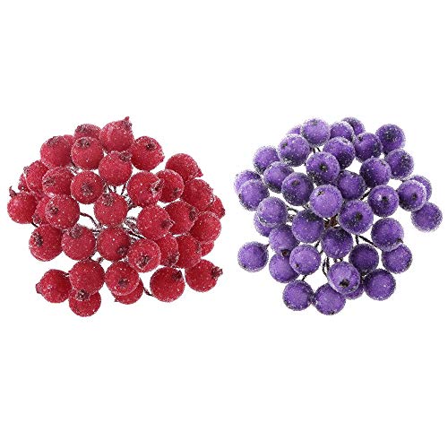 HongFüFü - Corona de frutas heladas (80 unidades), diseño de flores artificiales de acebo para decoración de Navidad, decoración de manualidades, color morado y rojo