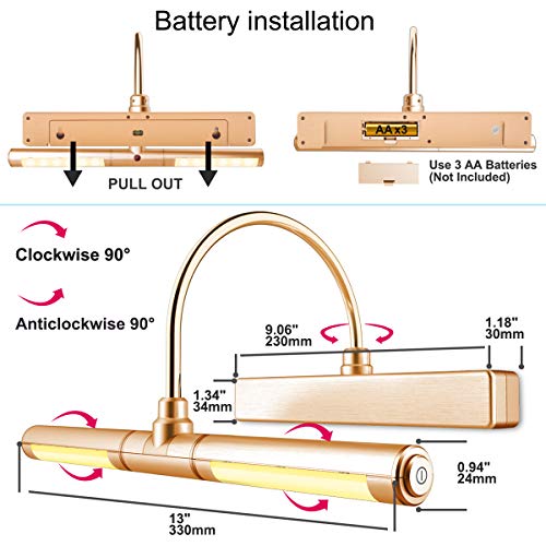 HONWELL-Luz LED Inalámbrica a Batería con Control Remoto, Cabezal de Luz Giratorio de 13 Pulgadas con 3 Modos de Iluminación,Regulable Marco Luces Lámpara de Pared para Pintar,Espejo,Color Rosa Dorado