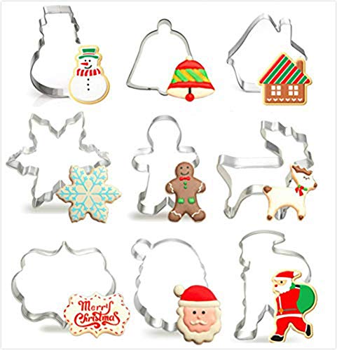 HONYAO Navidad Cortadores Galletas Invierno Moldes para Galletas - 9 Piezas - Borde Largo, Papá Noel, Copo de Nieve, Hombre de Jengibre, Fawn, Muñeco de Nieve, Campana y Casa - Acero Inoxidable