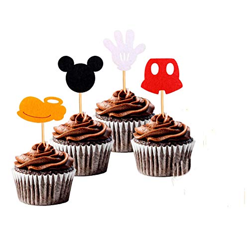 Hooggle Kit de decoración de la Fiesta de Mickey Mouse, Mickey Inspired Cupcake Toppers + Mickey Mouse con Tema de Fieltro Guirnalda Fiesta de cumpleaños Banner Suministros de decoración