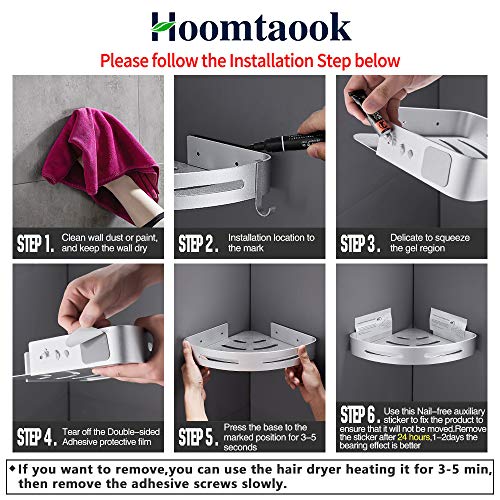 Hoomtaook Estanteria Ducha sin Taladros Accesorios Baño Sin Taladro Rinconera Autoadhesivo Aluminio Acabado Mate Estantes 1 Piezas Plata