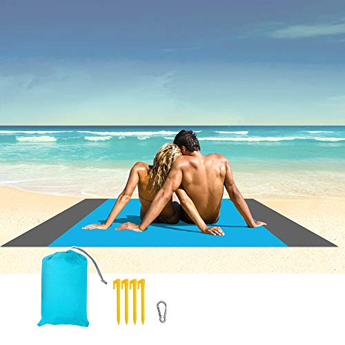 HOPAI Alfombra de Playa Manta de Picnic Impermeable Manta 200x210cm/240x270cm/243x273cm Anti Arena Portátil Manta con 4 Estaca Fijo (200x210cm, Azul)