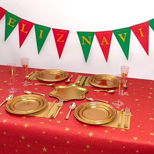 Horeca Collection [Pack Ahorro] Kit de vajilla desechable Elegante con Mantel Papel y Guirnalda Feliz Navidad - Incluye Mantel, Platos, Cubiertos, Copas, servilletas y decoración - 12 Personas