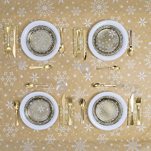 Horeca Collection [Pack Ahorro] Kit de vajilla desechable Elegante Snowflakes Oro - Incluye Mantel, Platos, Cubiertos, Copas, servilletas y decoración - 12 Personas