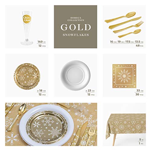 Horeca Collection [Pack Ahorro] Kit de vajilla desechable Elegante Snowflakes Oro - Incluye Mantel, Platos, Cubiertos, Copas, servilletas y decoración - 12 Personas