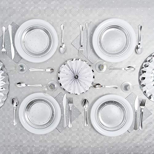 Horeca Collection [Pack Ahorro] Kit de vajilla desechable Elegante Stars Plata - Incluye Mantel, Platos, Cubiertos, Copas, servilletas y decoración - 10 Personas