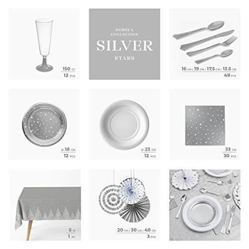 Horeca Collection [Pack Ahorro] Kit de vajilla desechable Elegante Stars Plata - Incluye Mantel, Platos, Cubiertos, Copas, servilletas y decoración - 10 Personas