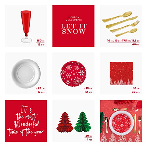 Horeca Collection [Pack Ahorro] Kit Vajilla Navidad y Decoración - Incluye Abanicos Papel, Platos, servilletas, Cubiertos y Copas para 10 Personas