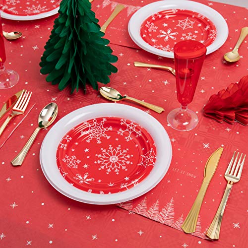 Horeca Collection [Pack Ahorro] Kit Vajilla Navidad y Decoración - Incluye Abanicos Papel, Platos, servilletas, Cubiertos y Copas para 10 Personas