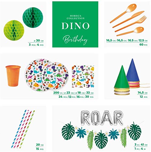 Horeca Collection [Pack Ahorro] Kit Vajilla y Decoración Cumpleaños Fiesta Dinosaurio para 15 Personas-Incluye Platos, Cubiertos, servilletas, cañitas, Vasos y Globos