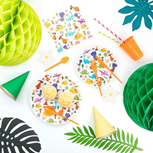 Horeca Collection [Pack Ahorro] Kit Vajilla y Decoración Cumpleaños Fiesta Dinosaurio para 15 Personas-Incluye Platos, Cubiertos, servilletas, cañitas, Vasos y Globos