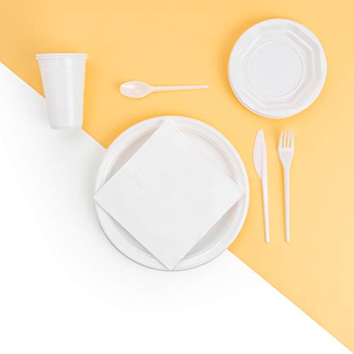 Horeca Collection - Pack de Fiesta Ahorro 740 Piezas - Platos 22cm, Platos Postre 14 cm, cucharitas, Cuchillos, tenerdor, servilletas y Vasos Blancos Desechables de Plástico reciclable