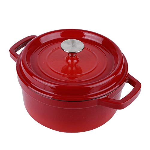 Horno holandés de hierro fundido esmaltado, olla de horno de hierro fundido de retención de calor con dos asas, perfecto para hornear panes y hacer comidas cocidas a fuego lento, rojo(Los 24CM)