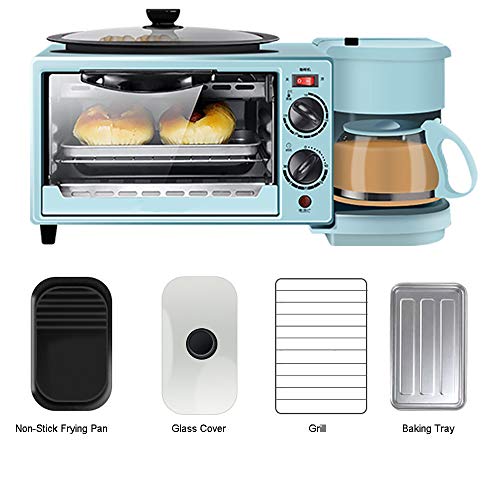 Horno Multifuncion 2200 (W), Con SartéN Antiadherente Y Cafetera De 0.6L, MáQuina De Desayuno 3 En 1, Con FuncióN De Horneado, Tortilla, CalefaccióN, DescongelacióN, Barbacoa,Blue