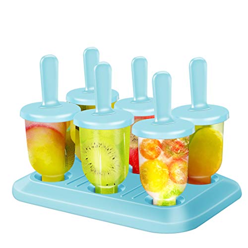 Hospaop Moldes de hielo, moldes para helado, 6 moldes de helado, set de moldes popsicle, sin BPA, con palillos y protección antigoteo, mini molde para niños, bebés, adultos