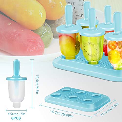 Hospaop Moldes de hielo, moldes para helado, 6 moldes de helado, set de moldes popsicle, sin BPA, con palillos y protección antigoteo, mini molde para niños, bebés, adultos