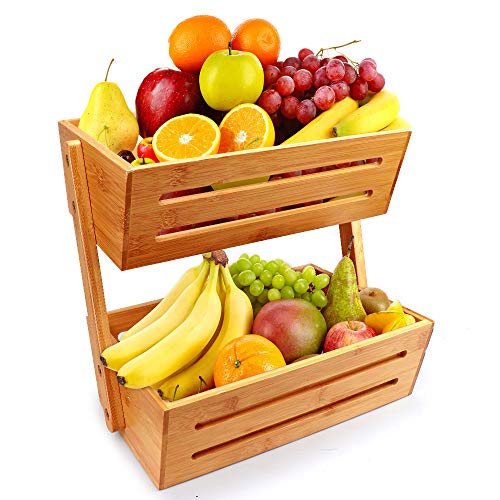 Hossejoy Soporte de canasta de frutas de bambú de 2 niveles para encimera y soporte decorativo para frutas,verduras,bocadillos,artículos para el hogar y mucho más