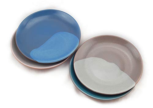 Hostelnovo - Juego de 8 Platos Llanos de cerámica - Plato para Comida - Fabricado en España y Pintado a Mano - Cerámica Natural - 4 Colores: Azul, Verde Turquesa, Gris y Blanco - 23 cm