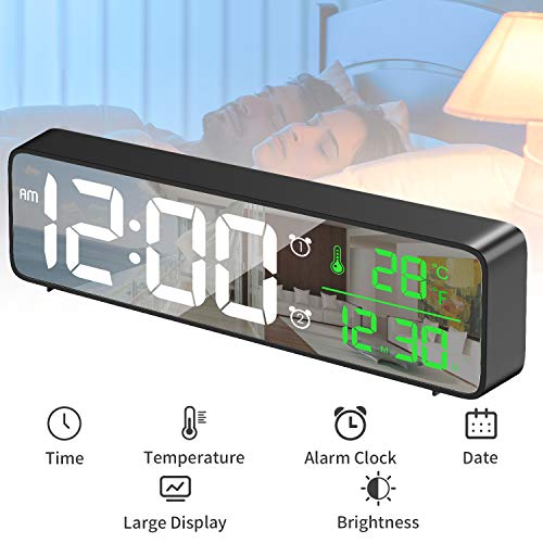 HOTERB Reloj Despertador Digital con Espejo, Reloj Despertador extralargo para Mesa de Escritorio con Fecha de Temperatura, Pantalla de Fuente Grande, alimentación de Red (Negro)