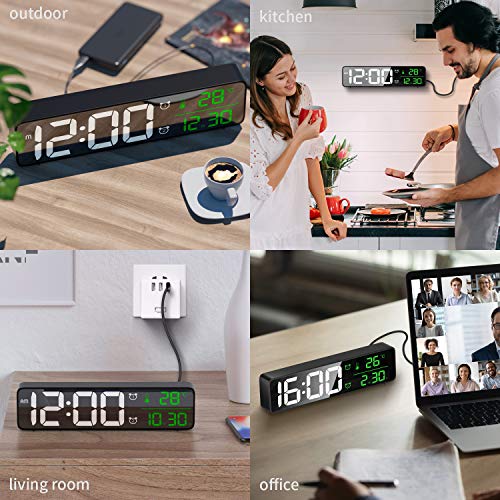 HOTERB Reloj Despertador Digital con Espejo, Reloj Despertador extralargo para Mesa de Escritorio con Fecha de Temperatura, Pantalla de Fuente Grande, alimentación de Red (Negro)