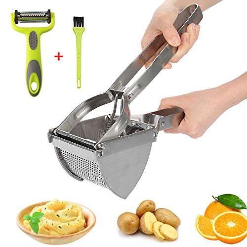 HOTLIKE Machacador de Patatas, 3 PCS Trituradora de Patata de Acero Inoxidable Set, Multifuncional Profesional Prensa Patatas con Cepillo, Pelador, Potato Ricer para Vegetales, Frutas