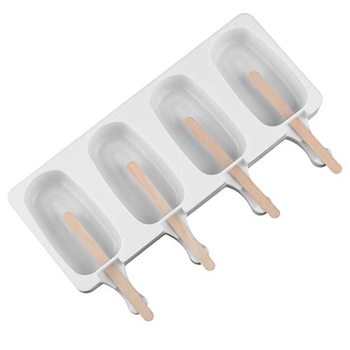 housesweet - Molde de Silicona para Hacer paletas de Helado (4 Celdas, 10 Palos de Madera), Silicona, Blanco, 3.8 * 7 cm