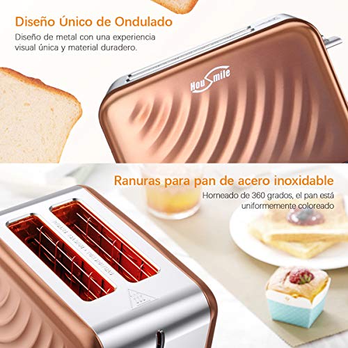 Housmile Tostadora, Tostadora de 2 Ranuras con 6 Funciones Ajustables y 3 Modos, 900W, Acero Inoxidable,Color-Cobrizo