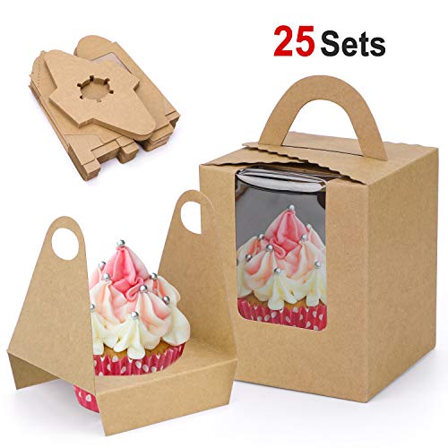 Howaf 25 Cajas para Regalo, Cajas de Papel Kfraft para cupcake con Insertar ventana y manija, Accesorio para Repostería, para cumpleaños Boda Fiesta Comunion Navidad Año Nuevo