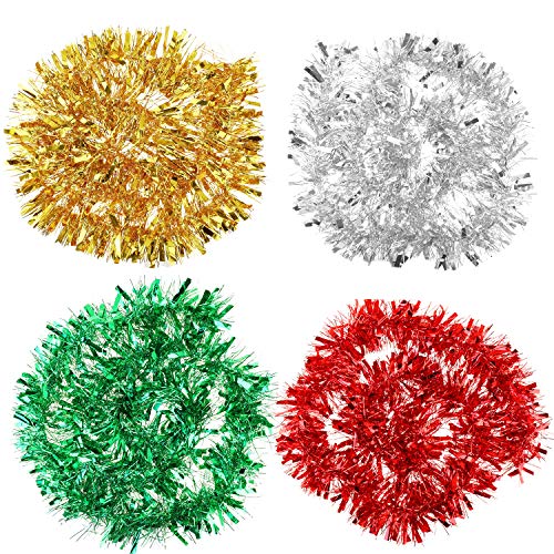 HOWAF 8 Peizas 14m Chunky espumillón de Navidad Guirnaldas oropeles de Navidad Espumillón Guirnalda Adornos de Navidad árbol para decoración navideña, Rojo, Plata, Oro, Verde