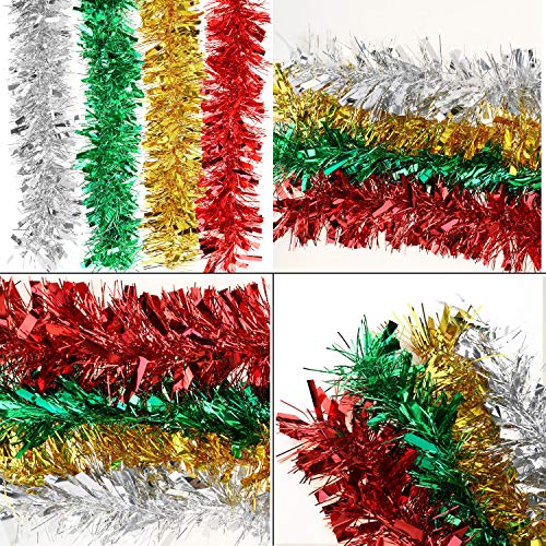 HOWAF 8 Peizas 14m Chunky espumillón de Navidad Guirnaldas oropeles de Navidad Espumillón Guirnalda Adornos de Navidad árbol para decoración navideña, Rojo, Plata, Oro, Verde