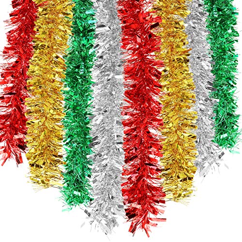 HOWAF 8 Peizas 14m Chunky espumillón de Navidad Guirnaldas oropeles de Navidad Espumillón Guirnalda Adornos de Navidad árbol para decoración navideña, Rojo, Plata, Oro, Verde