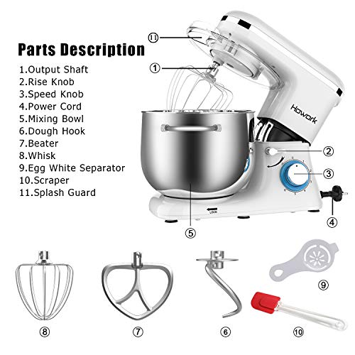 Howork 1500W Batidora Amasadora, 8 litros capacidad Profesional Amasadora de pan Automática Multifuncional, 6 Niveles de Velocidad Con 304 Recipiente de Acero Inoxidable (8 litros, blanco)